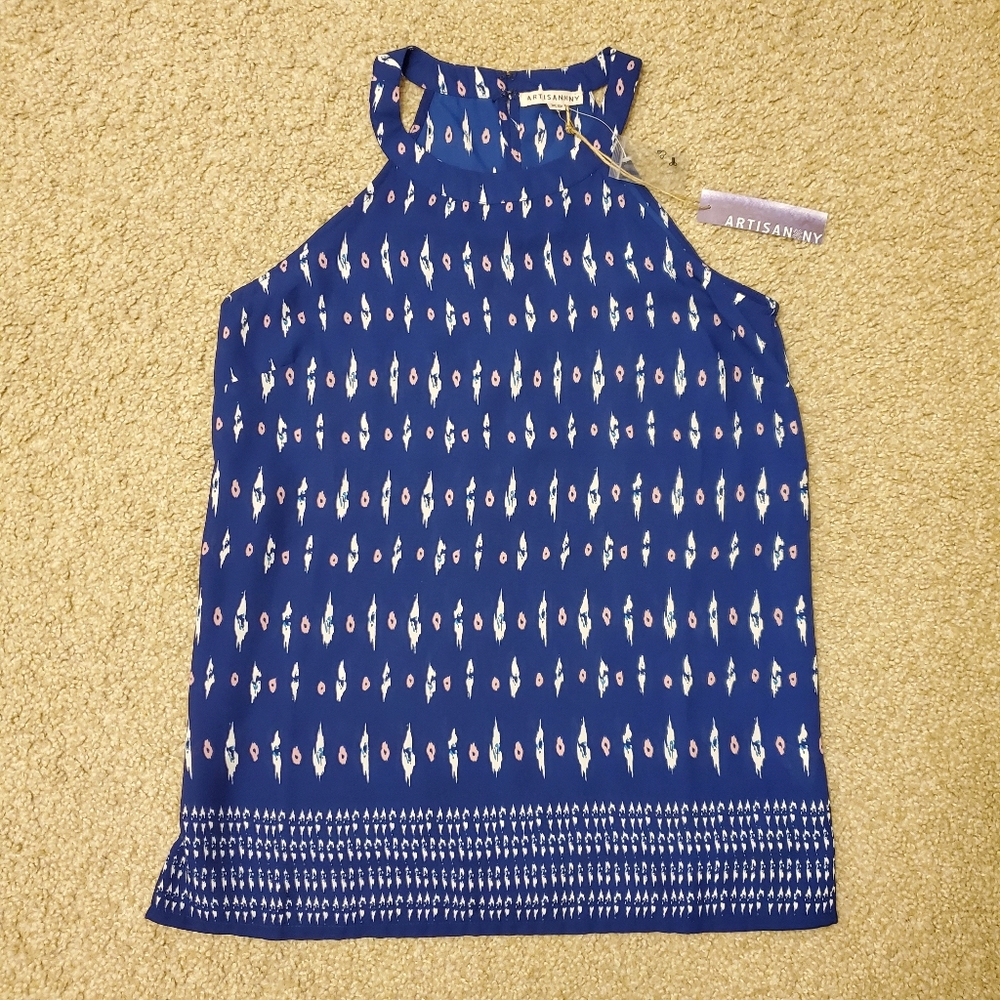 NWT Artisan NY Blouse Size XS Blue White Halter Top